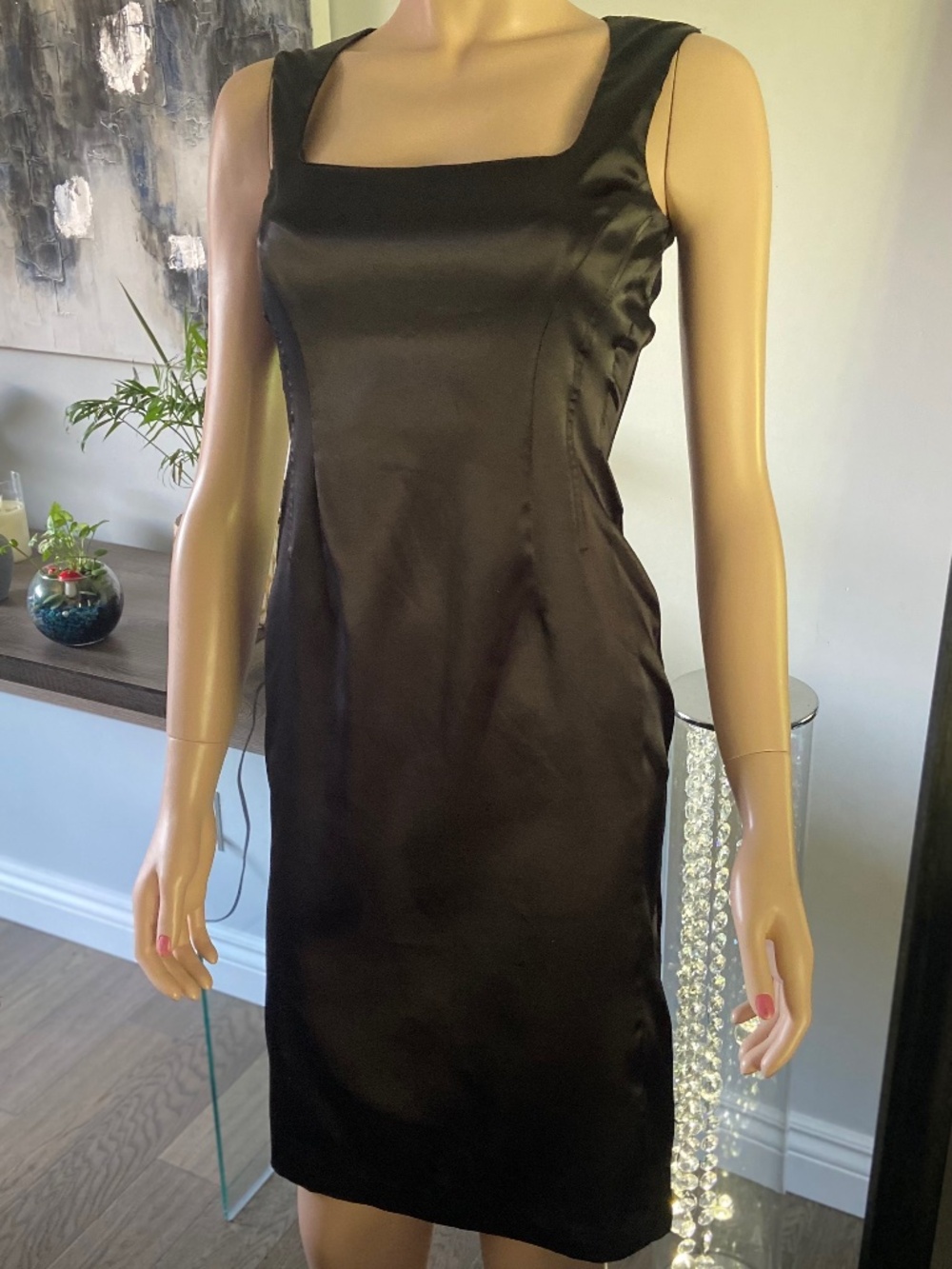 Black Satin Square Neck Sleeveless Dress S Le Chateau